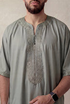 Moroccan Gandoura Sage Green Chest Embroidery Close-Up – Hand Stitched Detail